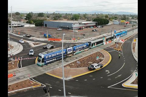 The extension includes the second roundabout in the USA to be incorporated into a light rail system.